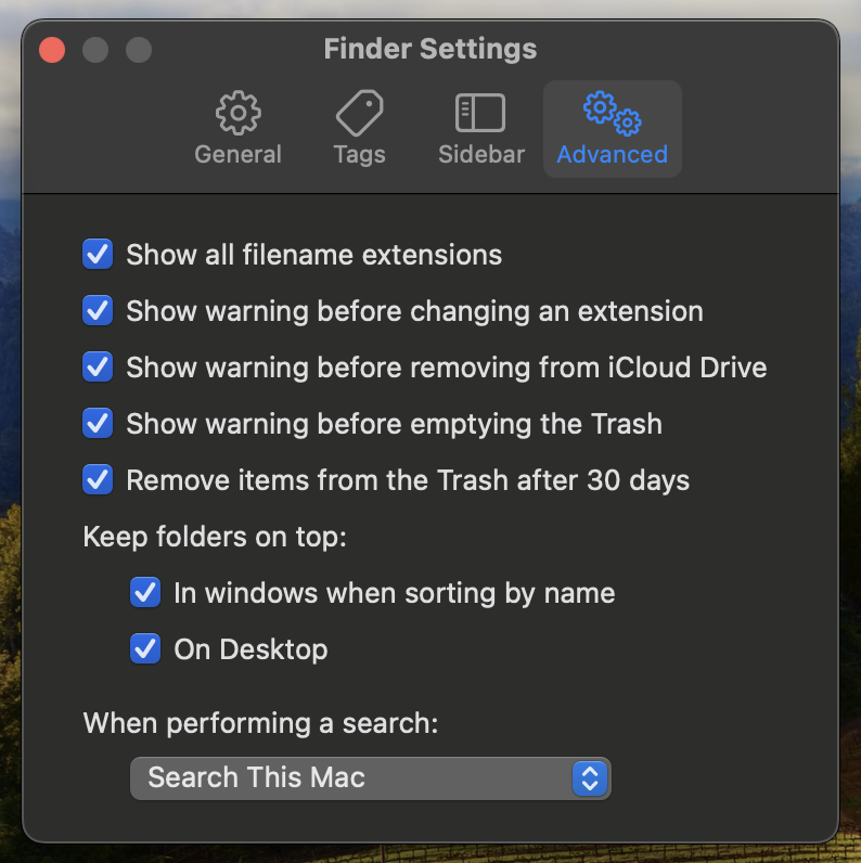 Joe's Advanced Finder settings