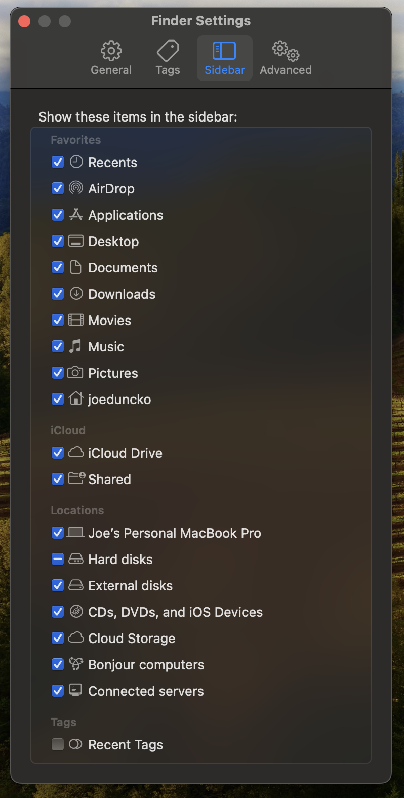 Joe's Sidebar Finder settings