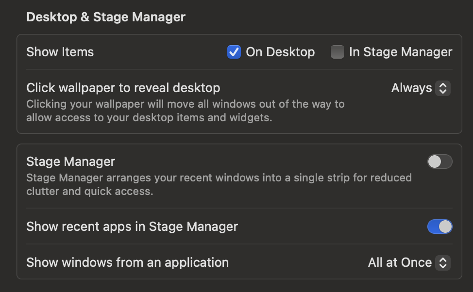 Joe's Desktop and Stage Manager settings