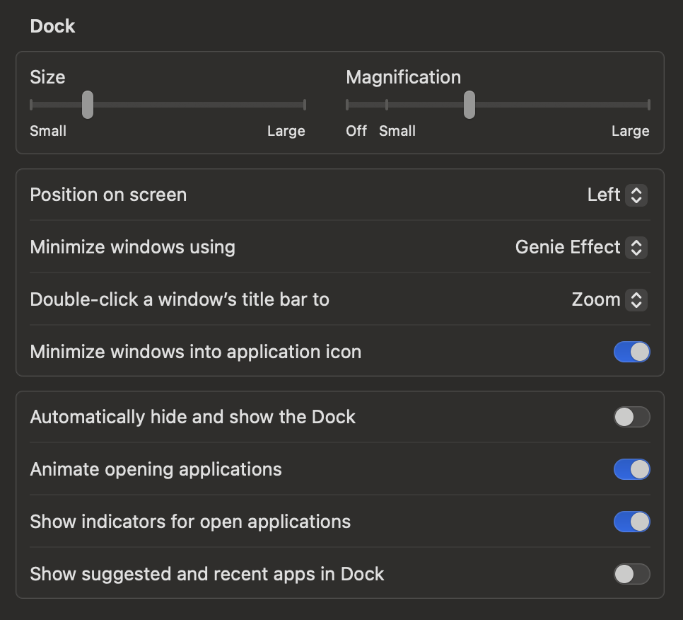 Joe's Dock settings